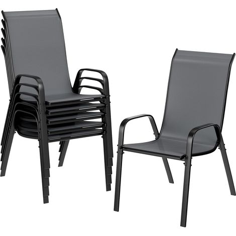Lot de 6 chaises de jardin empilables à dossier haut - Structure en acier textilène - Pour jardins, cours, balcons, restaurants - Charge 150 kg - Gris foncé (1/5)