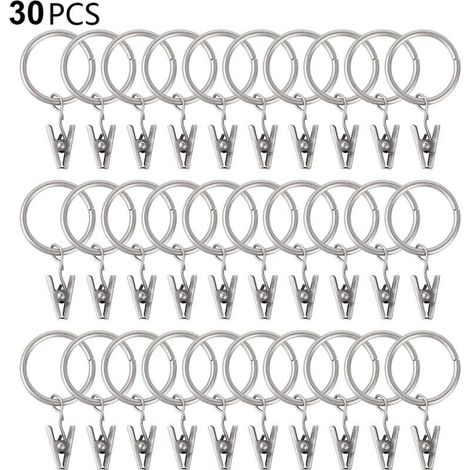 Lot de 30 anneaux de rideaux avec pinces, fixations robustes pour rideaux, crochets pour tringle à rideaux, œillets métalliques de diamètre intérieur, supports de rideaux décoratifs pour fenêtres. (1/5)