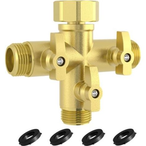 Robuster 3-Wege-Gartenschlauchverteiler aus Metall mit Absperrventilen, 19 mm (3/4 Zoll) Hochleistungs-Wasserhahnanschlüssen und 4 zusätzlichen Silikondichtungen. (1/5)
