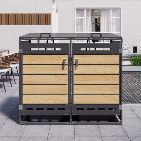 Cubierta para cubos de basura de hierro negro con 2 compartimentos, tapa hidráulica, ventilación y puertas con cerradura (1/5)