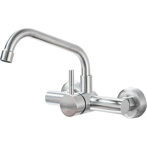 Robinet de cuisine mural, mitigeur mural rotatif à 360°, espacement des trous d'eau chaude et froide de 150 mm, robinet en acier inoxydable 304, aérateur amovible, finition brossée. (1/4)