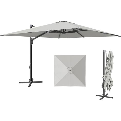 Parasol déporté à manivelle et pied en croix, en polyester, alumenium et métal, 365 x 297 x 256 cm, gris clair (1/5)