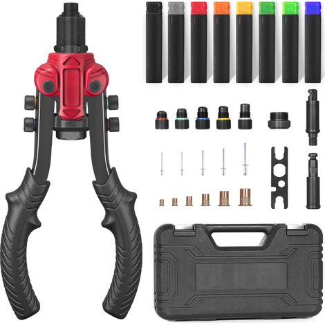 Outil pour rivets, kit de pose de rivets 3 en 1, pince à riveter avec 6 mandrins métriques et SAE, incluant 60 rivets, 50 rivets, tête à changement rapide, 2 mandrins d'alésage et une mallette de tran (1/4)