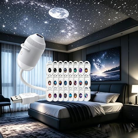 Proiettore galattico 2 in 1, luce notturna, plug and play, proiettore di stelle e luna a 360° tramite USB, con pellicole di proiezione da 3/12/24 pollici, lampada proiettore LED portatile (24 pollici (1/5)