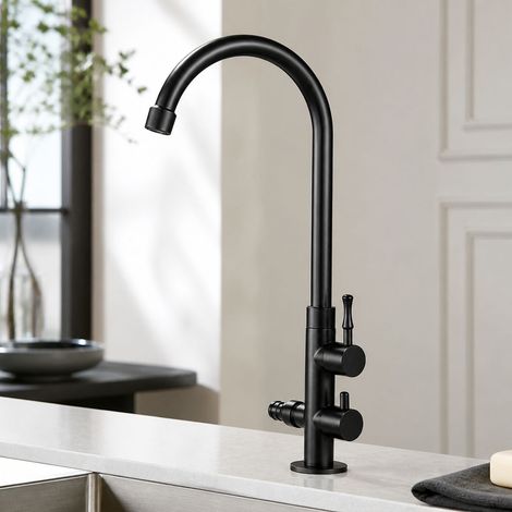 Robinet mitigeur noir rond en laiton, double sortie avec rotation 360°, compatible lave-linge et tuyau d'arrosage, livré avec flexible inox 80cm (1/5)