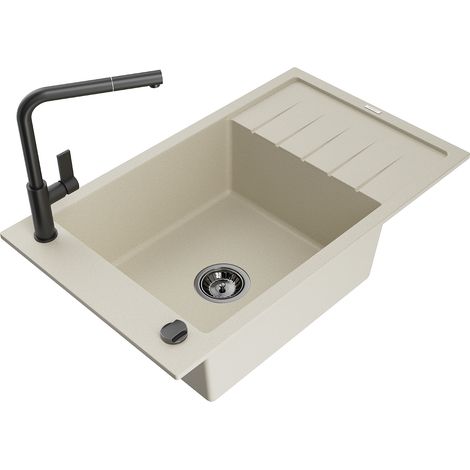 Mexen Elias évier en granit 1 bac avec égouttoir et robinet de cuisine Flora, beige - 6511-69-670401-70-B (1/5)