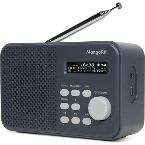 Radio Dab, Haut-Parleur Bluetooth, Portable, Gris Foncé Secteur ou 4 piles AA, 40 présélections, double alarme, snooze, minuterie sommeil, prise casque, antenne télescopique (1/5)