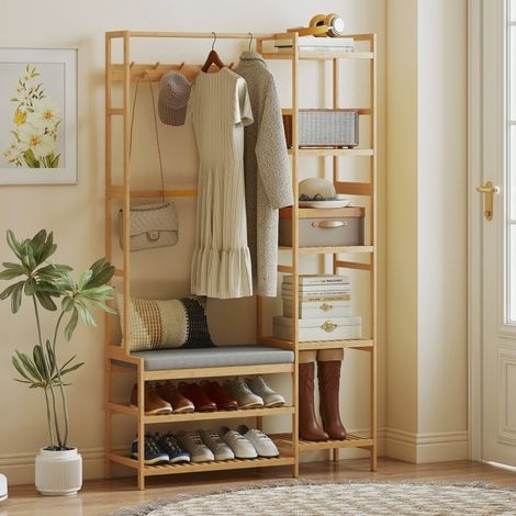 Mueble recibidor con banco zapatero de bambú 104 cm OKMYHOME (1/4)