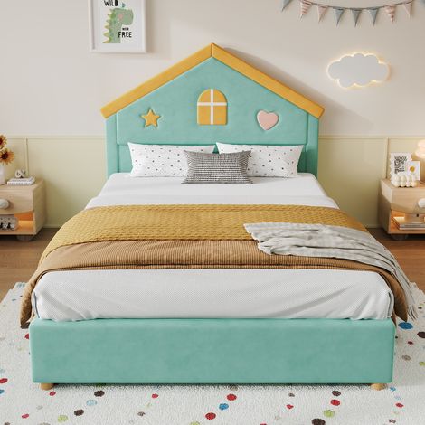 Lit maison enfant rembourré 140x200cm - 4 tiroirs rangement + maison décorative - velours - bleu-vert (1/5)