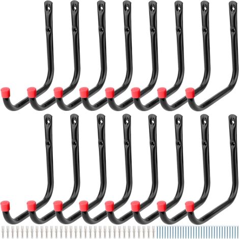 Lot de 16 crochets de rangement de garage très résistants, 17 cm, crochets muraux en J pour accrocher des échelles, des outils de jardin, des tuyaux, des vélos (1/5)