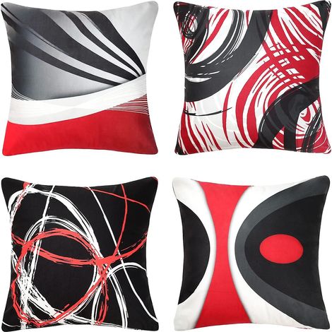 Ensemble de 4 housses de coussin 45 x 45 cm, motifs abstraits modernes, rayures rouges, grises, noires et blanches, en velours. (1/5)