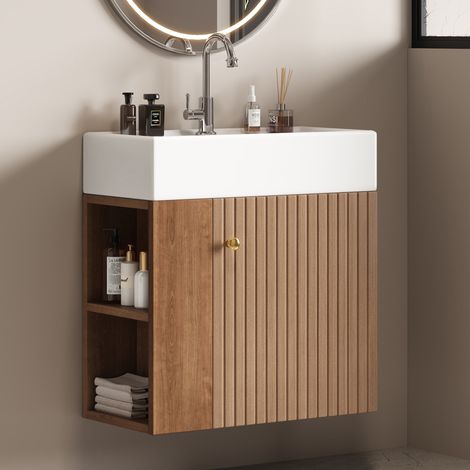Mobilier de salle de bains : lavabo avec meuble sous-vasque 55 cm, meuble sous-vasque, meuble sous-vasque suspendu blanc, petit mobilier de salle de bains d’invités (1/5)