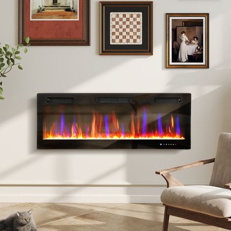 Cheminée électrique encastrable ou murale, 900W/1800W, foyer avec flammes LED 12 teintes et 5 intensités, dimensions 127 x 9,4 x 47 cm, finition noire (1/5)
