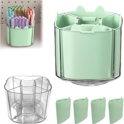 Porte Stylo Bureau,Pot a Crayon Bureau Réglable et Démontable,Pot Crayon Rotation à 360° Possible avec Cinq Compartiments,Convient la Maison,L'école et au Bureaus (Vert Clair) (1/5)