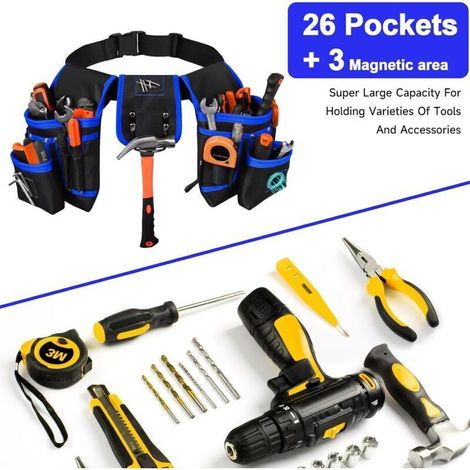 Bardusch - Cintura portautensili con 26 tasche e 1 anello per martello, cintura portautensili magnetica con 3 potenti magneti, rimovibile e regolabile, per elettricisti, falegnami, operai edili, nero- (1/4)