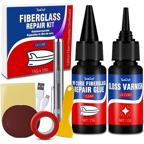 Surfboard Repair Kit - 15g UV Repair Glue & Gloss Varnish, Marine Fiberglass Repair Kit for Boats, Jet Skis, Surfboards, Cracks, Scratches and Holes (1/5)