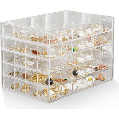 Boîte à bijoux transparente avec 5 tiroirs et présentoir pour boucles d'oreilles - 120 petits compartiments pour ranger bracelet, bague et vitrine (1/5)