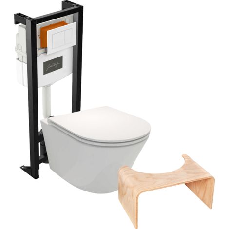 Pack WC suspendu sans bride JACOB DELAFON Rodin+ avec abattant + bâti support + plaque blanche + tabouret bois (1/5)