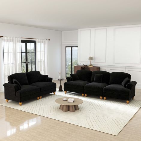 Ensemble canapé modulable 2 pièces salon : canapé 3 places + causeuse 2 places en chenille noire, accoudoirs entonnoir, ceinture volants, pieds fuselés (1/4)