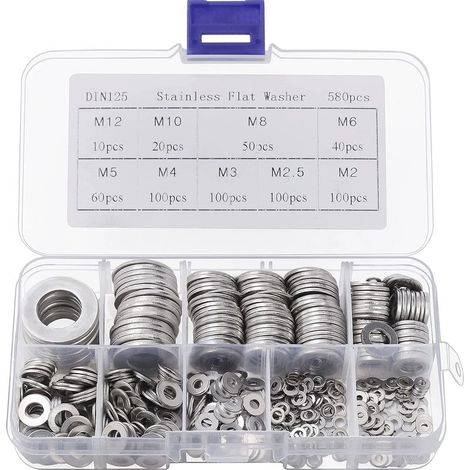 Kaelt - Rondelle Inox avec Boîte de Rangement (Lot de 580) - Assortiment de 9 Tailles M2, M2.5, M3, M4, M5, M6, M8, M10 & M12 - Lot de Rondelles Métal - Réparations, Usines & Décoration Intérieure (1/5)