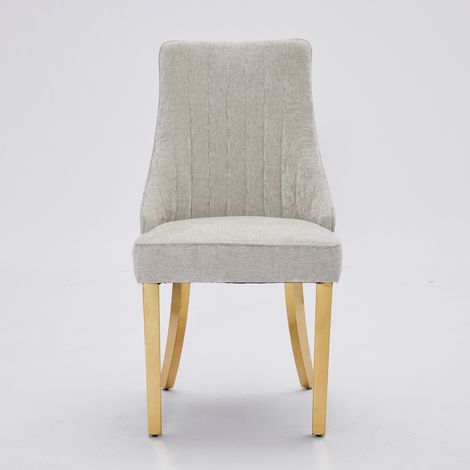 Lot de 2 fauteuils de table en velours côtelé beige, rembourrés en textile, dossier matelassé et piètement doré en acier inoxydable