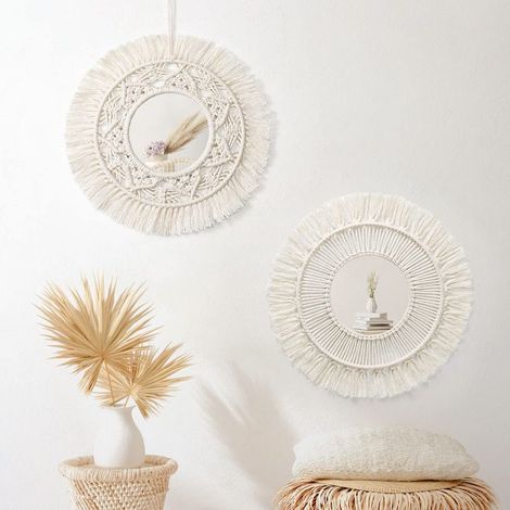 Set aus 2 runden Makramee-Wandspiegeln mit Fransen, Hängespiegel, Boho-Dekorationskunstornament für Wohnung, Haus, Schlafzimmer, Wohnzimmer (Beige, 2 Stück) (1/5)