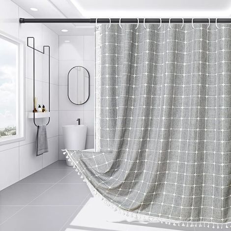 Rideau de douche de bain Boho avec rideau de douche à pampilles, rideau de douche en tissu rayé rustique robuste (gris) 150x180cm (1/5)