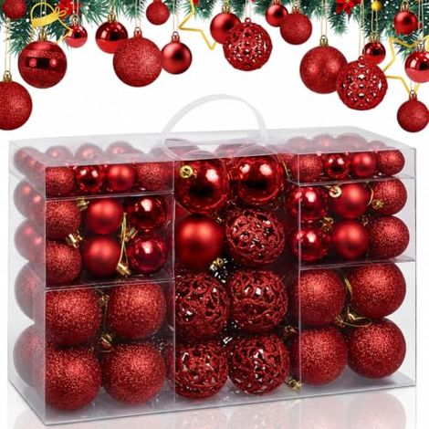 Juego de 100 adornos navideños, de 3/4/6 cm de diámetro, para decorar el árbol de Navidad (rojo). (1/5)