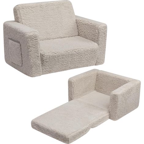 Fauteuil Enfant Convertible en Canapé-lit 2-en-1 Sherpa Doux, Cadeau Parfait pour Anniversaire et Fête des Enfants