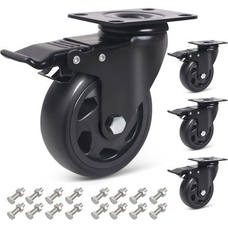 100mm swivel casters with brake, 4 casters for furniture (16 screws included) (1/4)