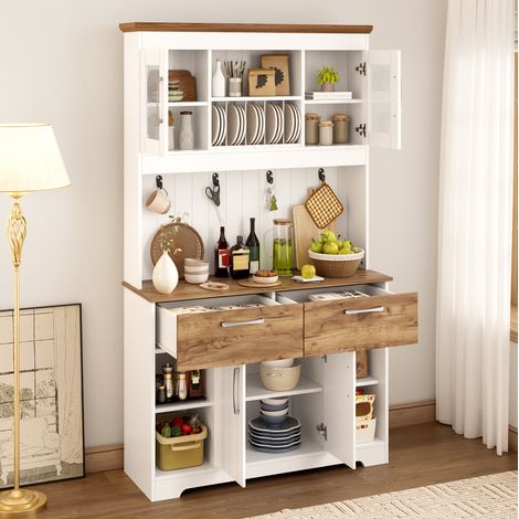 Credenza da cucina con contenitori, 106 x 39 x 176,5 cm, bianca e effetto legno HAVRYA (1/5)