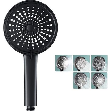 Pommeau de douche, Douchette,Bain-douche haute pression, Buse de douche, Pomme de douche booster à cinq vitesses avec grand plateau, Noir, KINSI (1/5)