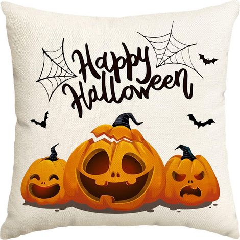 Lot de 2 housses de coussin décoratives d'Halloween, 3 housses de coussin imprimées de visages de citrouilles, taies d'oreiller en lin à motifs de chauves-souris et de toiles d'araignée, décoration go (1/5)