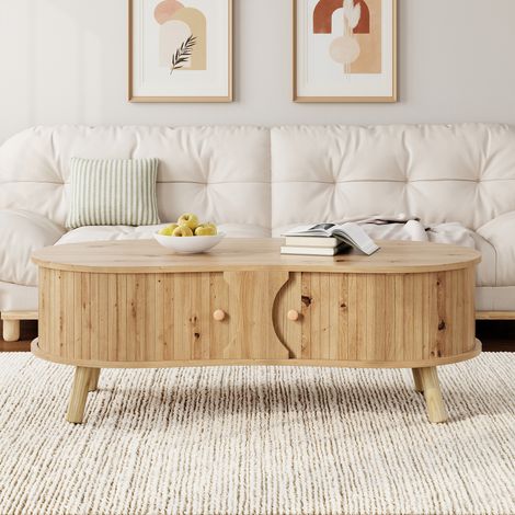 Table basse en forme de pois avec relief rainuré, 2 portes coulissantes, table de salon, aspect bois, pieds en bois massif, matériau MDF