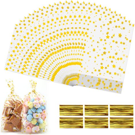 Lot de 100 sachets en cellophane transparent pour bonbons, bonbons, étoiles, petits sacs pour bonbons, bonbons, pour Noël, anniversaire d'enfant, cadeaux d'invités – 14,5 x 24 cm (1/5)