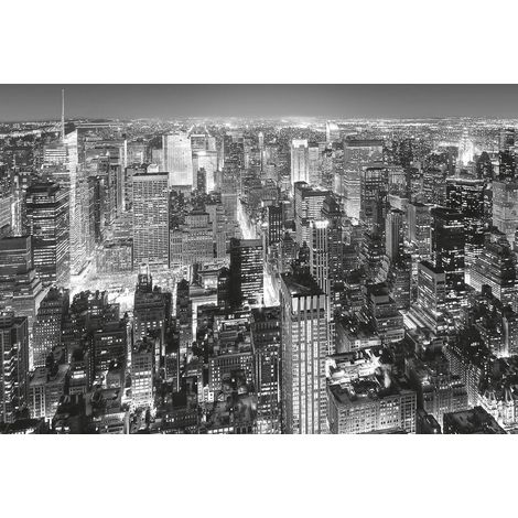 Papier peint panoramique New York vue aérienne | Tapisserie panoramique grise avec gratte-ciel dans la nuit | Papier peint panoramique moderne chambre - 384 X 260 cm (8 pièces) (1/2)