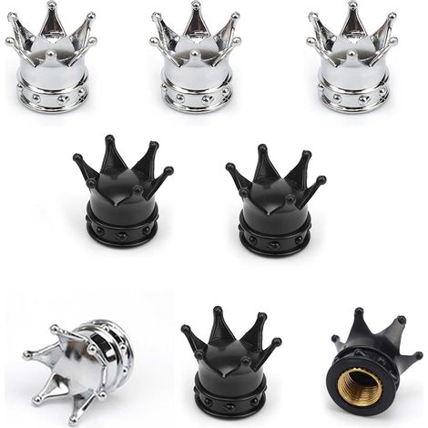 Bouchon Valve Pneu 4 Pièces Bouchon Pneu Voiture, Valve Cuivre, Couronne Argentée/Noire, Capuchon Valve Pneu, Bouchon Valve Velo pour Voitures, Vélos (1/5)