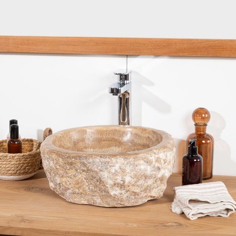 Wanda Collection – Vasque à poser en pierre onyx 30-35 cm – Forme libre – Extérieur brut – Intérieur lisse – Perçage normes européennes