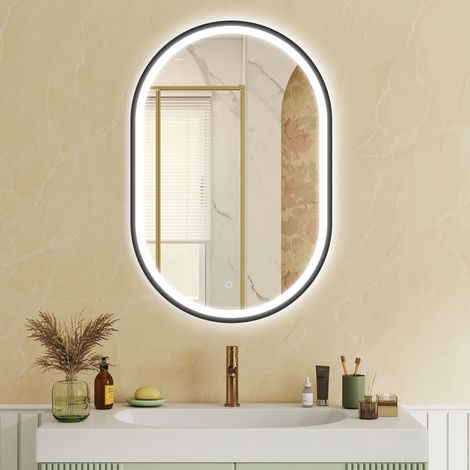Espejo de Baño con Luz 60x90 cm Espejo de Pared Ovalado 3 Colores de Luz Brillo Regulable Función Antivaho Negro (1/5)