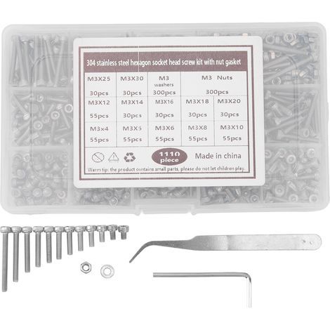 Assortment Kit of M3 Screws, Hex Nuts and Washers in 304 Stainless Steel (1/5)