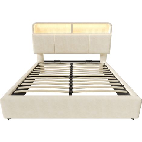 Lit coffre double 160x200 cm en velours beige avec tête de lit réglable LED USB Type-C (1/5)