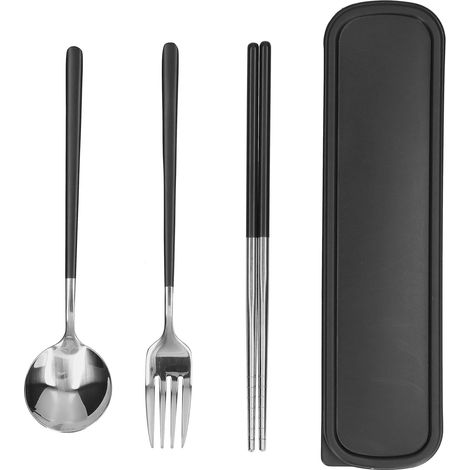 Ensemble de couverts 3 pièces en acier inoxydable, baguettes, cuillères et fourchettes, pour la cuisine et le bureau, noir et argent (1/5)