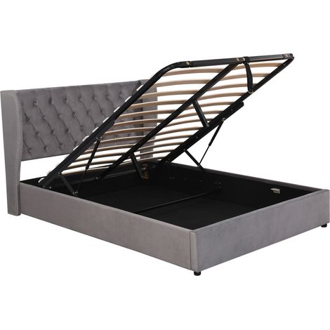 Cama tapizada gris de terciopelo 140 x 190 con canapé de almacenaje y somier de láminas (1/5)