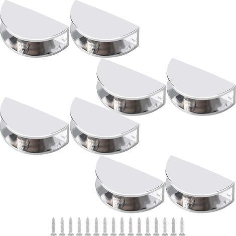 Lot de 8 supports réglables pour étagère en verre, sans cadre, en alliage de zinc, clips de serrage en verre demi-ronds, chromés, polis, fixation murale pour verre de 6 à 10 mm d'épaisseur (1/5)