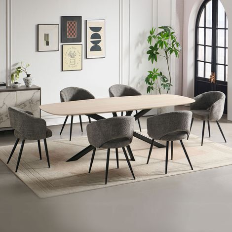 Ensemble table 200 cm effet travertin + 6 chaises tissu bouclette gris