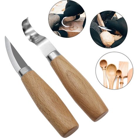 Set di 2 coltelli da intaglio e uncinetto in legno - Utensili da intaglio con manici in legno