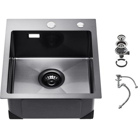 Évier de Cuisine 40 cm à Montage par le Haut en Acier Inox 304, Cuve Simple à Poser avec Accessoires pour Camping-car, Bar, Lave-vaisselle Ménager - Noir (1/5)