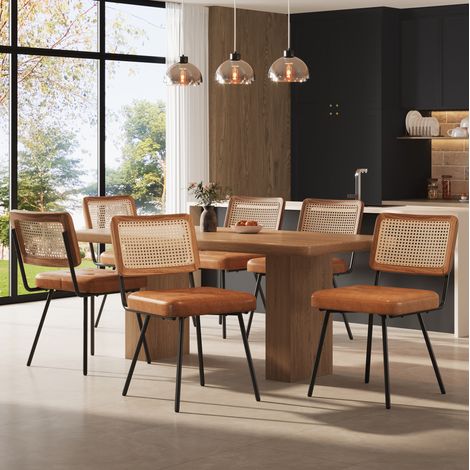 Pack de 6 sillas de comedor 61x46x79 cm de PU y metal marrón, respaldo de ratán (1/5)
