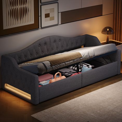 Lit coffre 90x200 cm avec rangement et LED, en lin, gris, sans matelas (1/5)