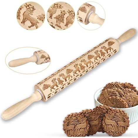 Geprägter Nudelholz aus Holz mit Weihnachtsmotiven und eingravierten Blumen, zum Ausrollen von Plätzchen, Küchenhelfer für Kinder und Erwachsene